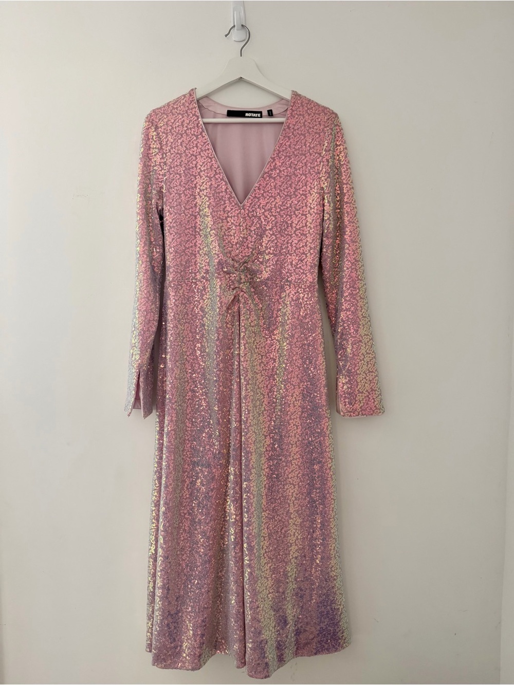 Sequin V-Neck Long-Sleeve Maxi Dress in Pink